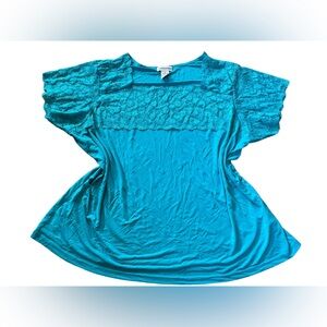 Jessica London Vintage 90s Plus Size Blue Turquoise Floral Lace Stretch Top
